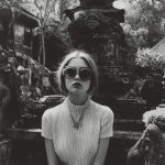 Woman in sunglasses in front of temple ruins.