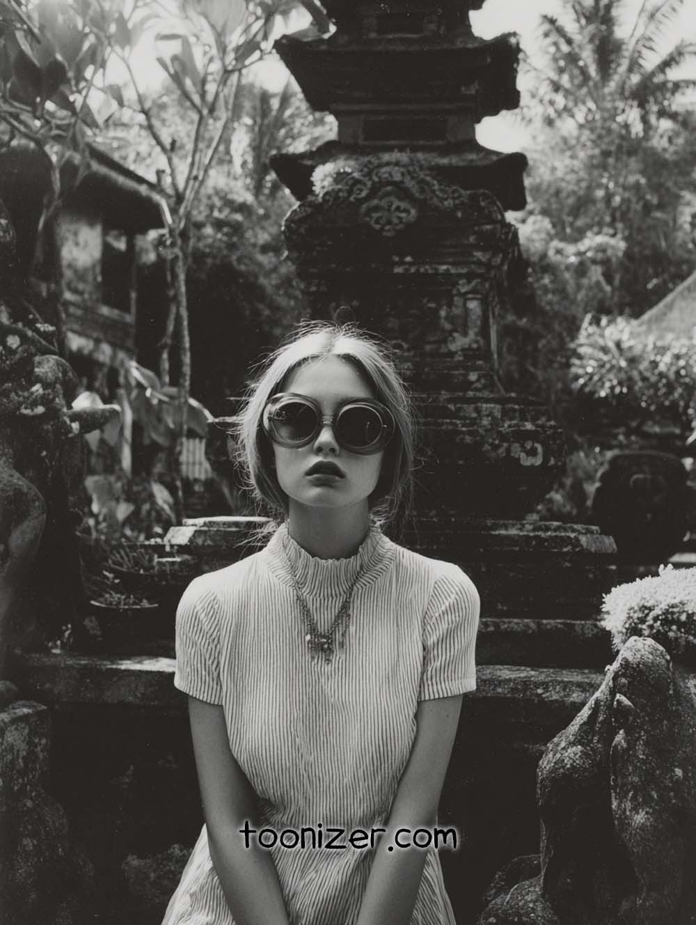 Woman in sunglasses in front of temple ruins.
