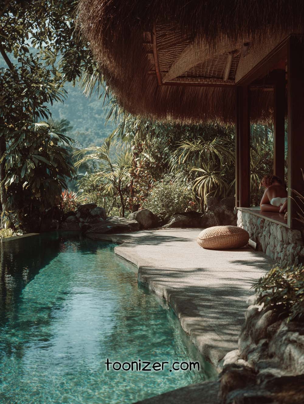 Tropical poolside with lush greenery view.
