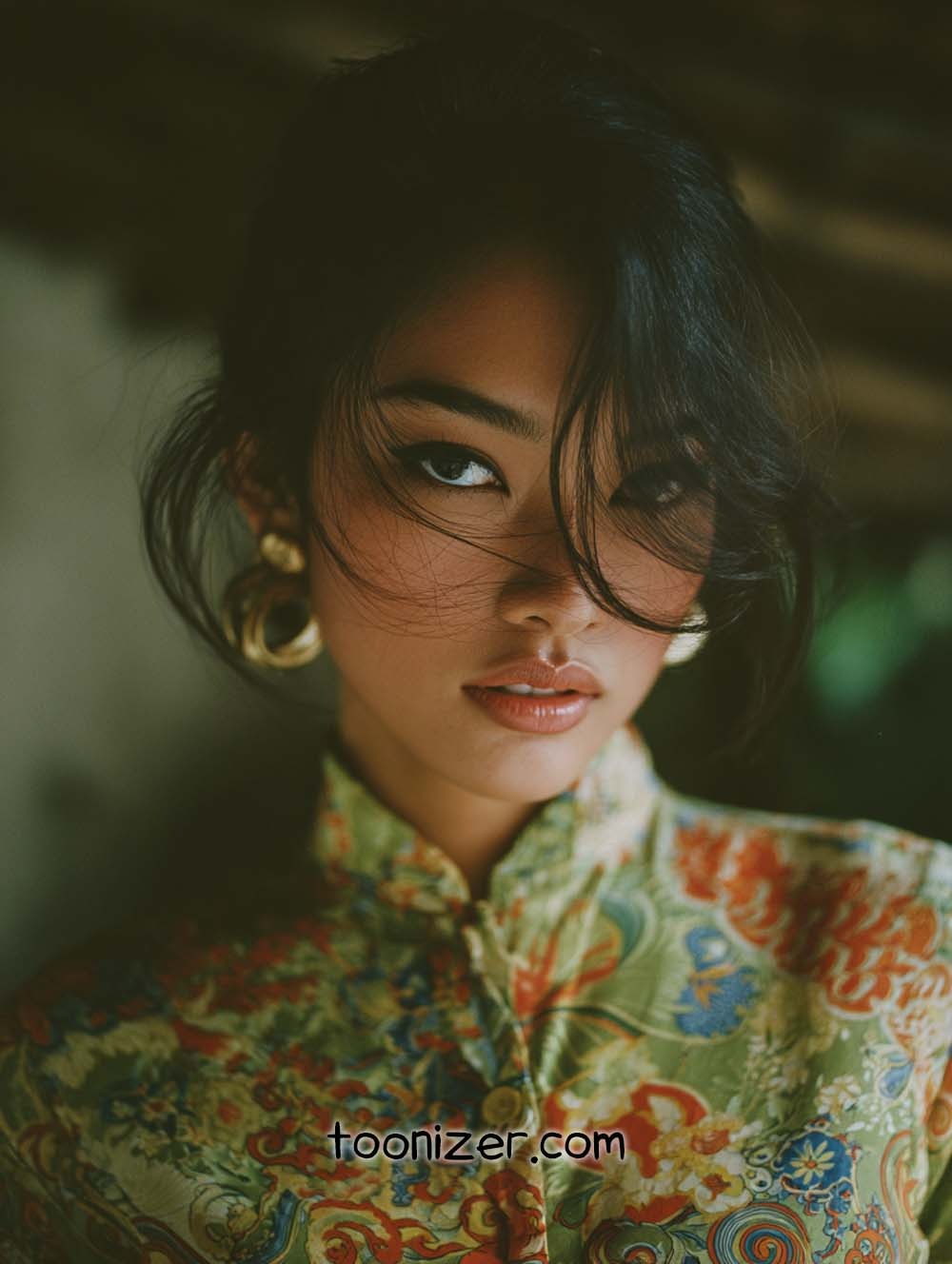 Woman in colorful patterned dress posing.
