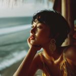 Woman gazing at ocean with thoughtful expression.
