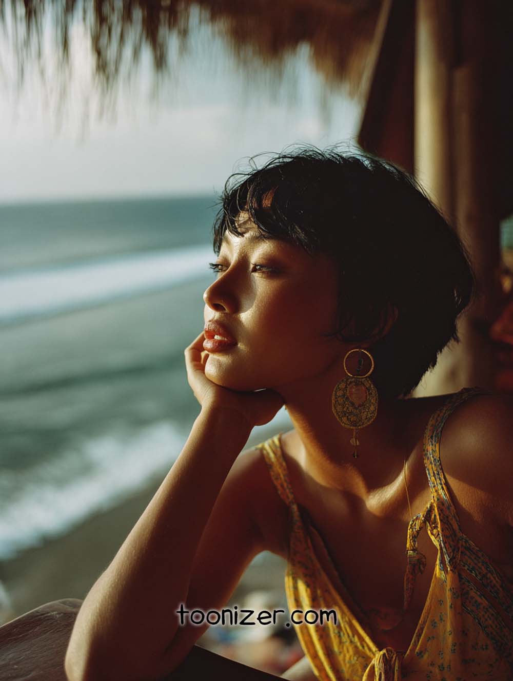Woman gazing at ocean with thoughtful expression.