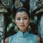 Woman in elegant dress with ornate hair accessory.