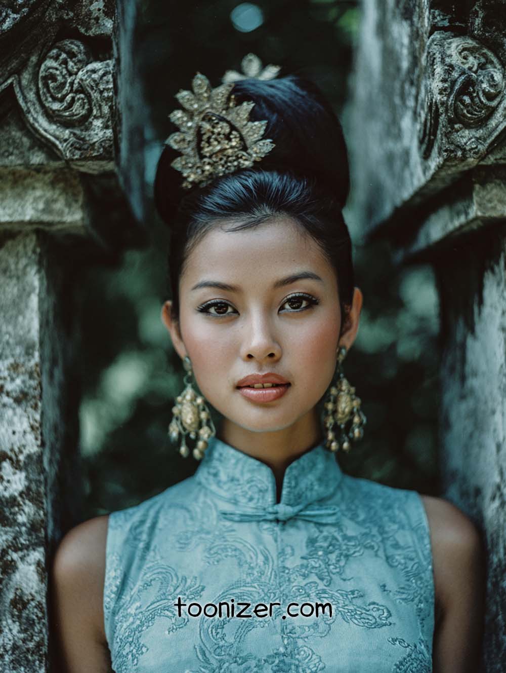 Woman in elegant dress with ornate hair accessory.