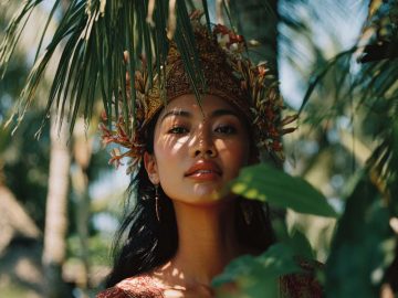 Woman in crown surrounded by tropical leaves.