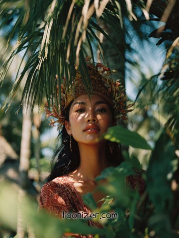 Woman in crown surrounded by tropical leaves.
