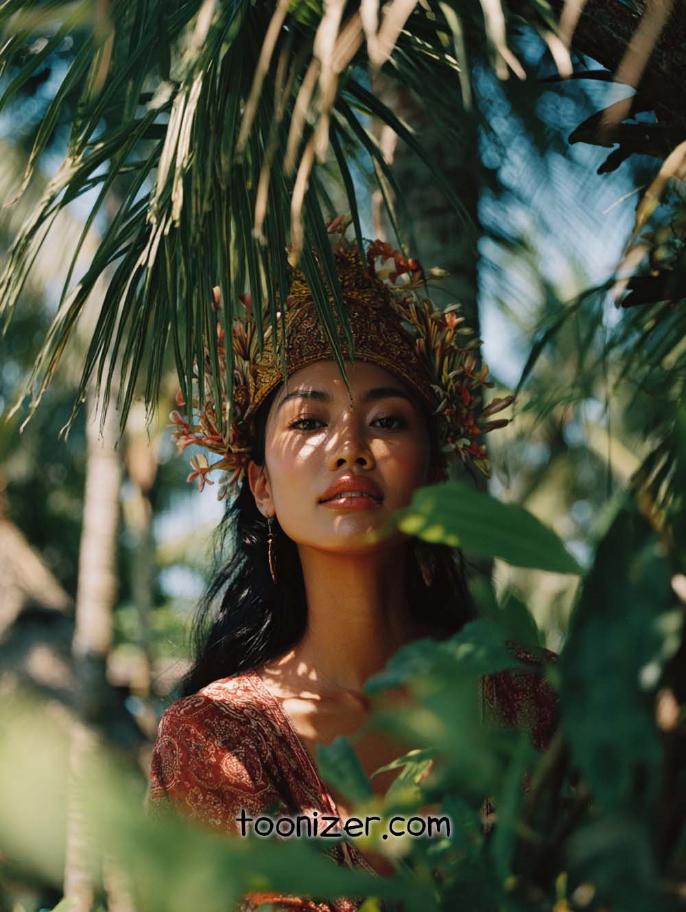 Woman in tropical garden wearing ornate crown