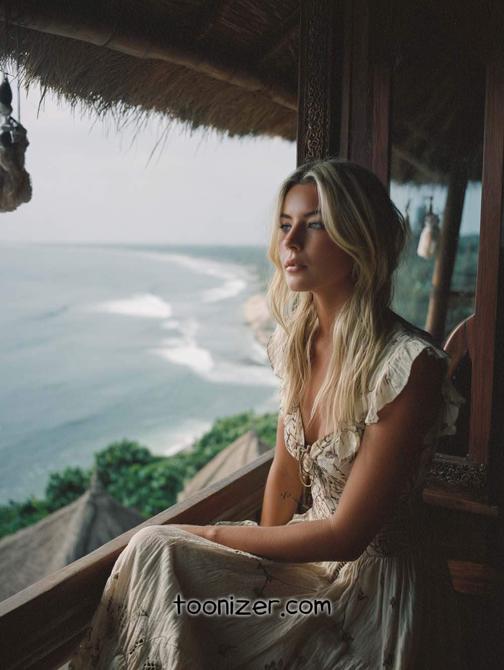 Woman gazing at ocean view from window