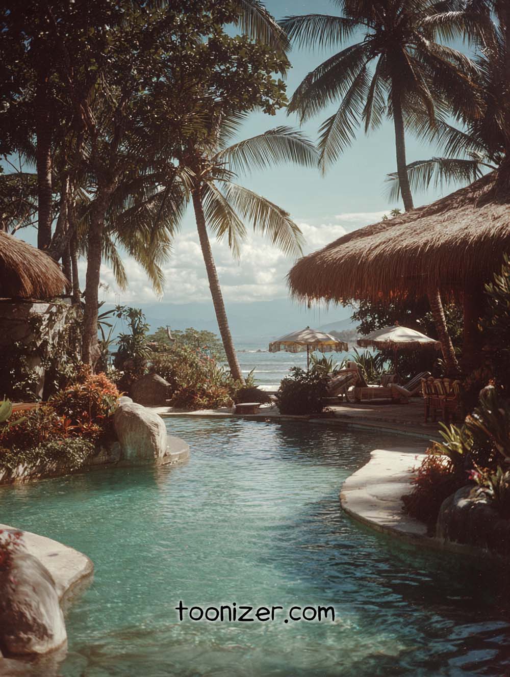 Tropical poolside with palm trees and ocean view.