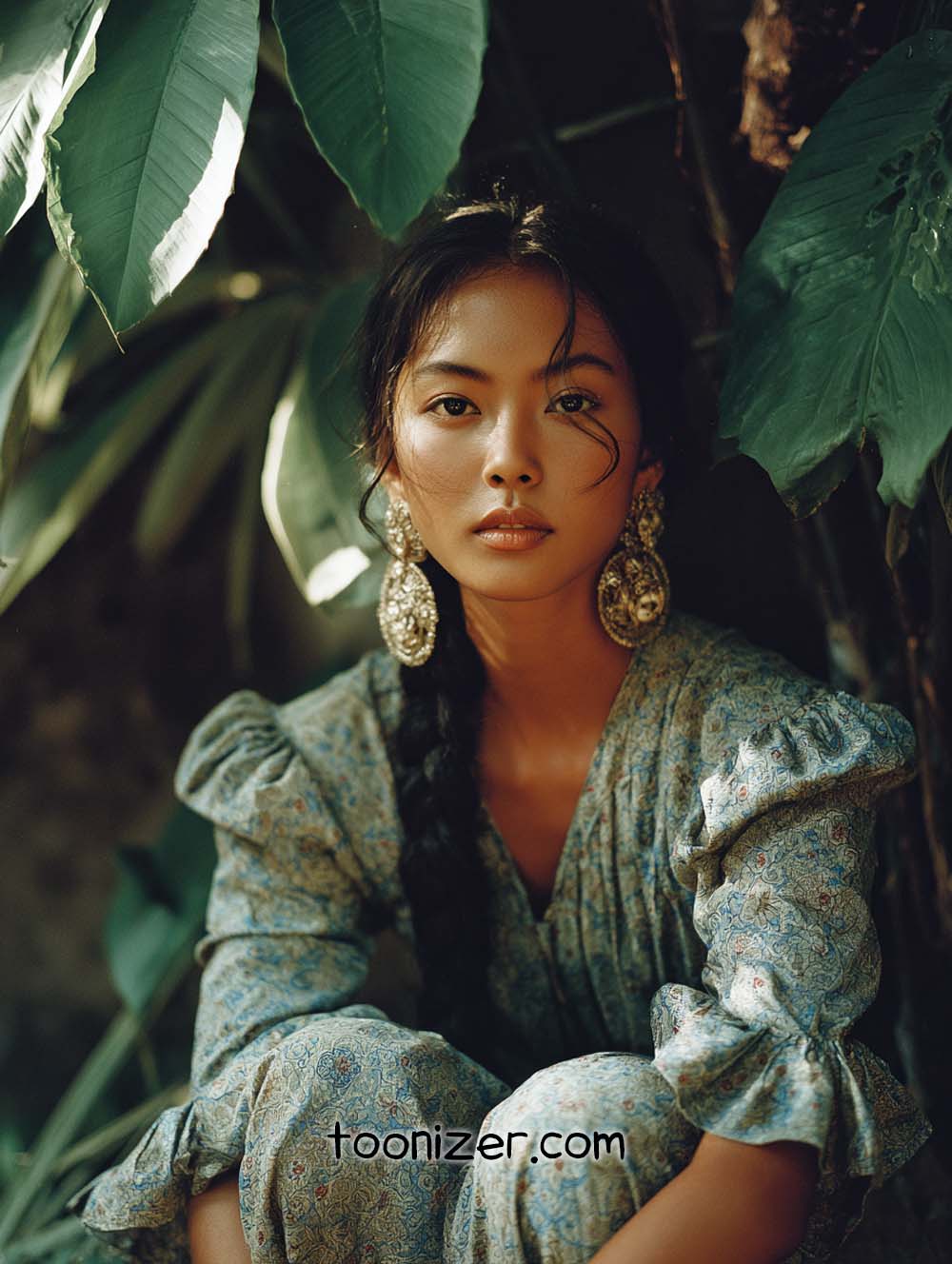 Woman with earrings in lush green setting.