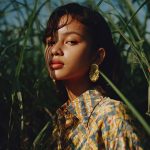 Stylish person in patterned shirt amidst tall grass.
