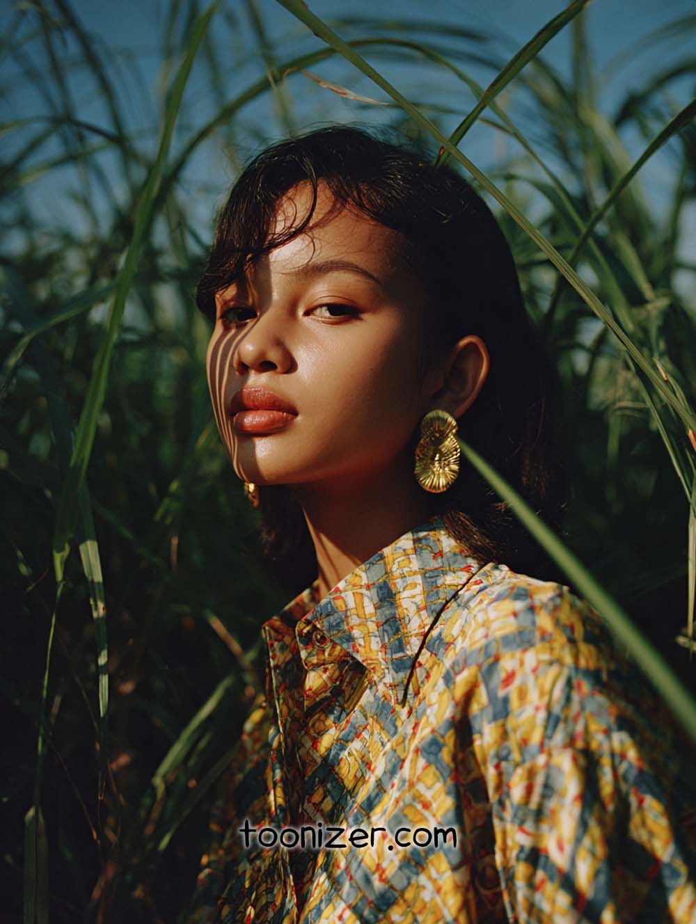 Stylish person in patterned shirt amidst tall grass.