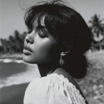 Woman enjoying seaside breeze in black and white