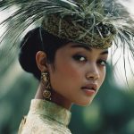 Woman wearing elaborate feathered headdress and earrings