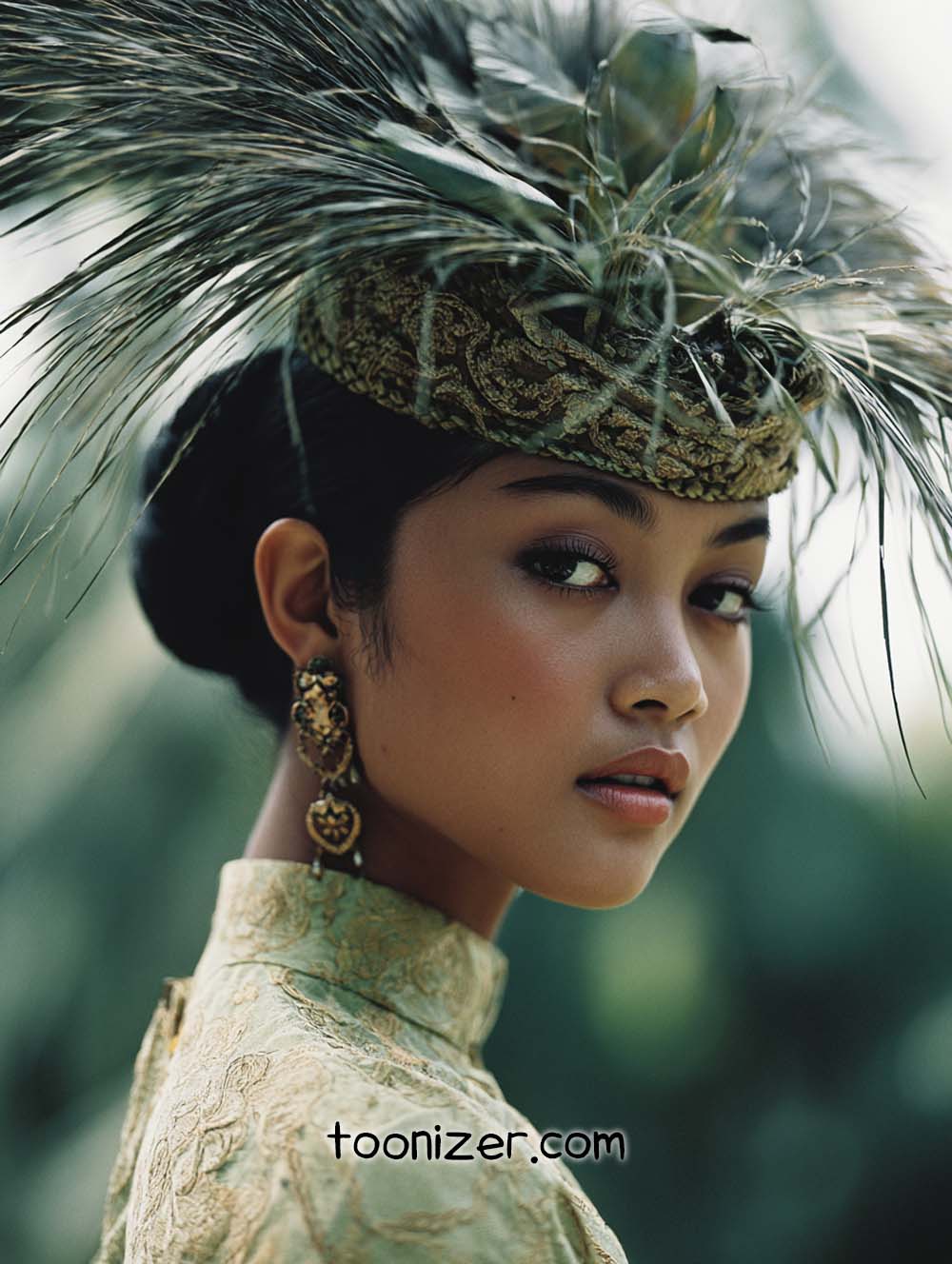 Woman wearing elaborate feathered headdress and earrings