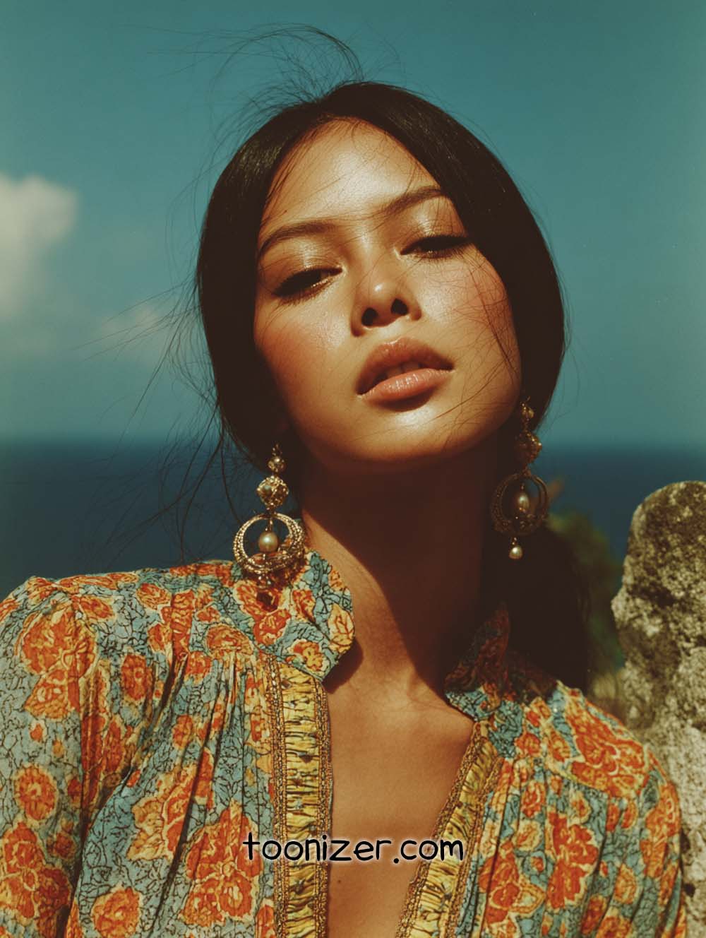 Woman in floral dress under sunny sky