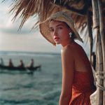 Woman in straw hat by tropical beach hut