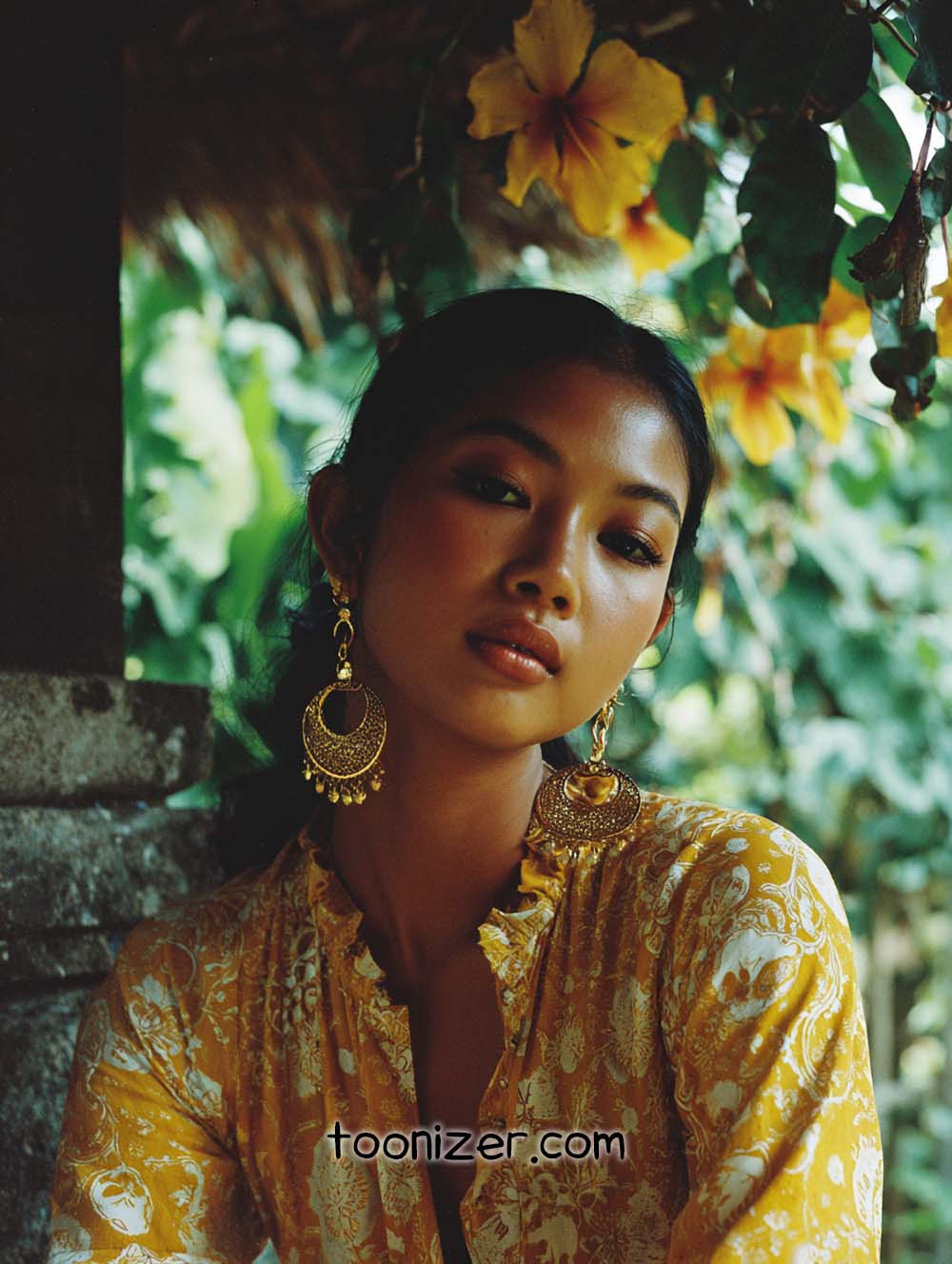 Woman in yellow dress with floral background.