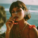 Woman in red dress smoking by the sea