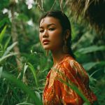 Woman in jungle wearing vibrant orange dress