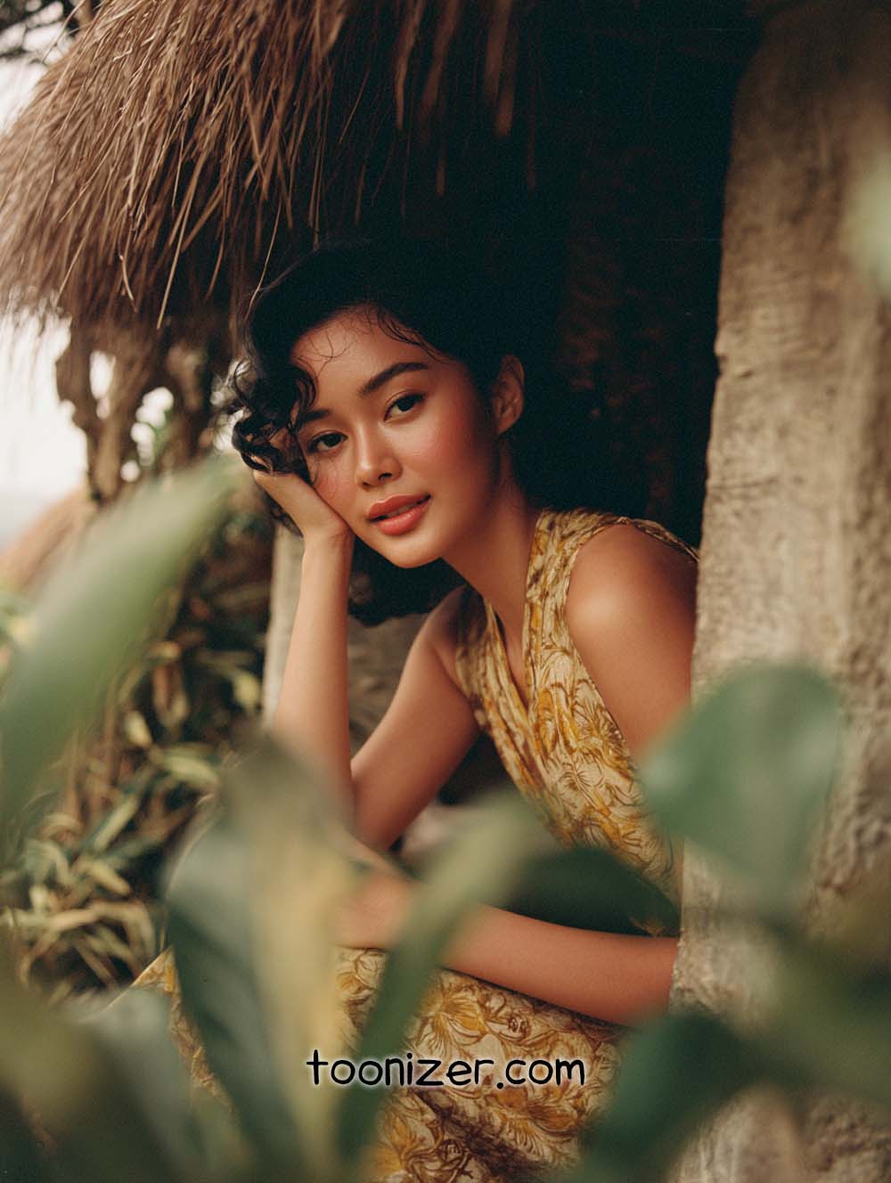 Woman in yellow dress by hut surrounded by foliage.