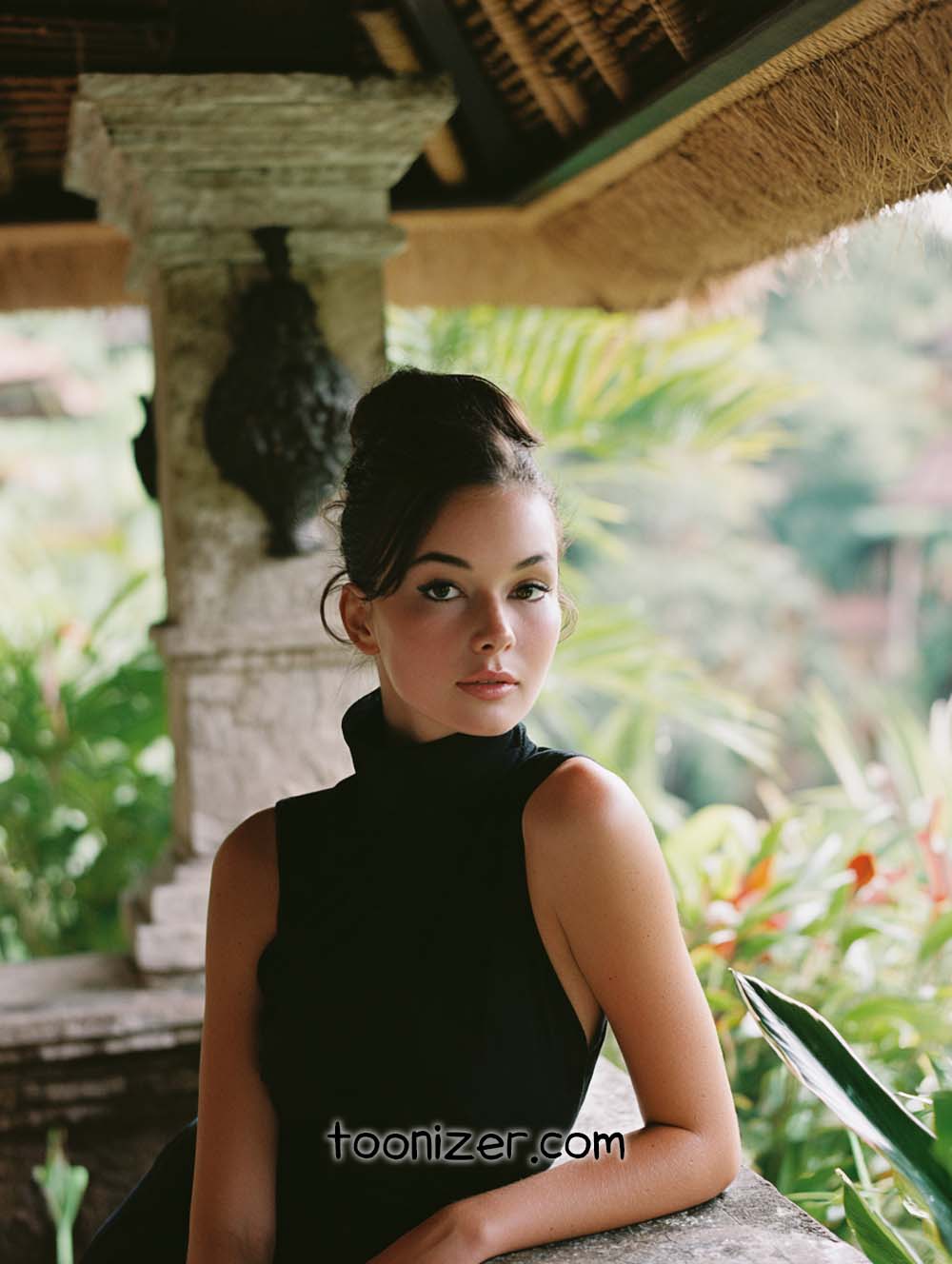 Woman in resort setting with gardens