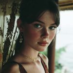 Woman in elegant jewelry against floral background.