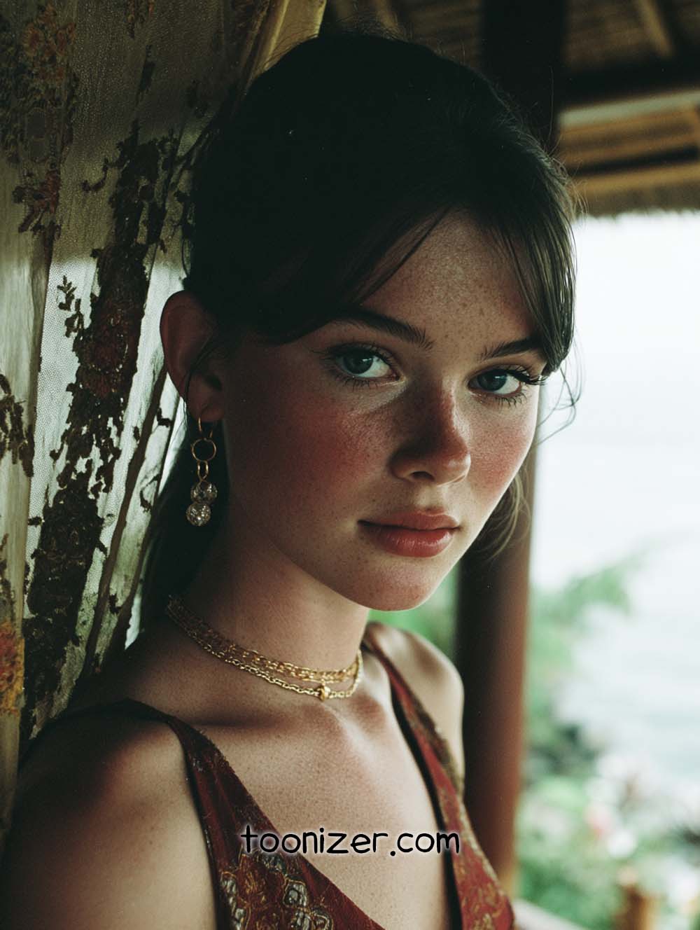 Woman in elegant jewelry against floral background.