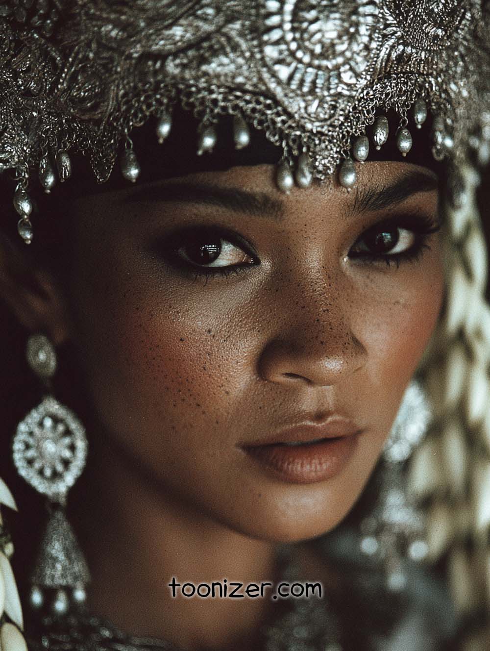 Woman with intricate silver headdress and earrings