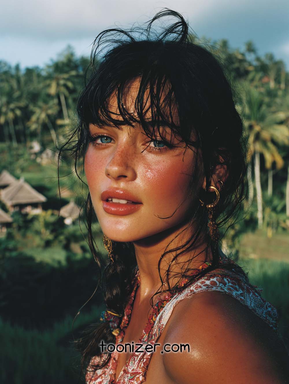 Woman in tropical setting with lush background