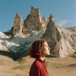 Woman standing before Cappadocia rock formations, eyes closed.