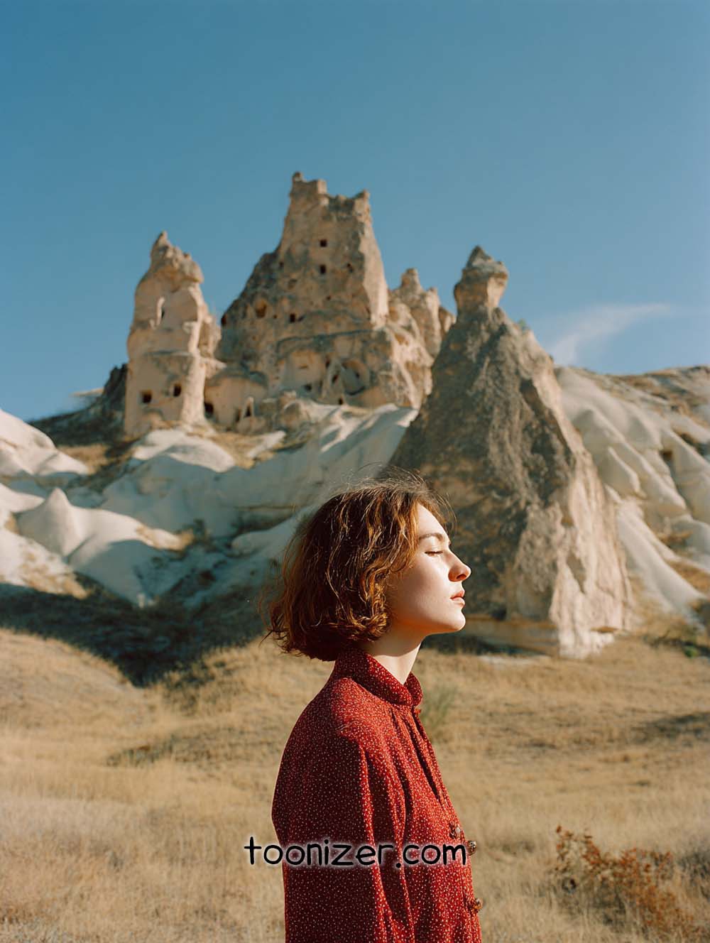Woman standing before Cappadocia rock formations, eyes closed.