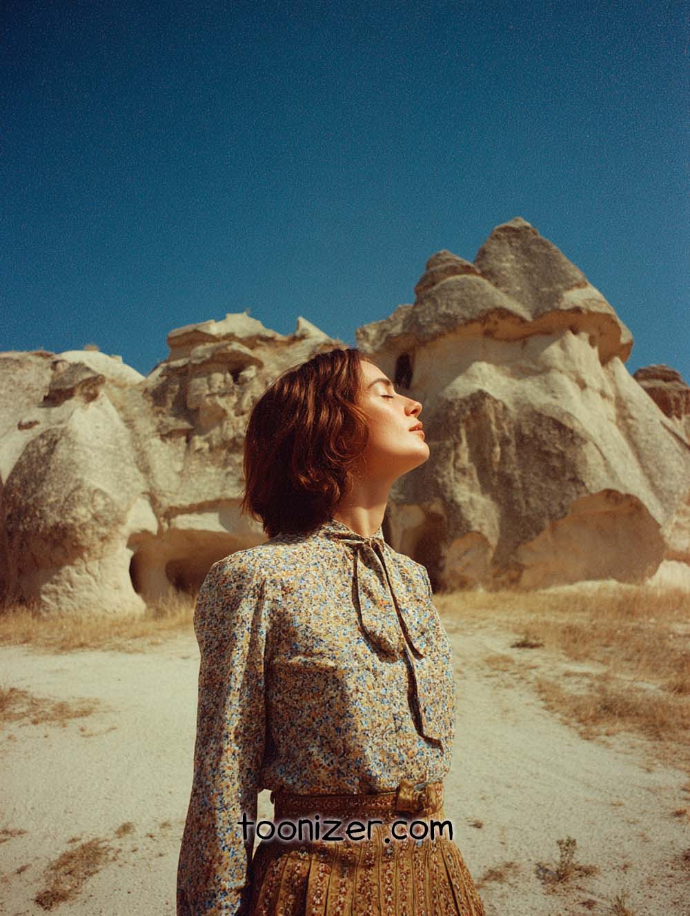 Woman enjoying sunny day in rocky landscape.