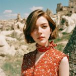 Woman in red dress, historical ruins background.