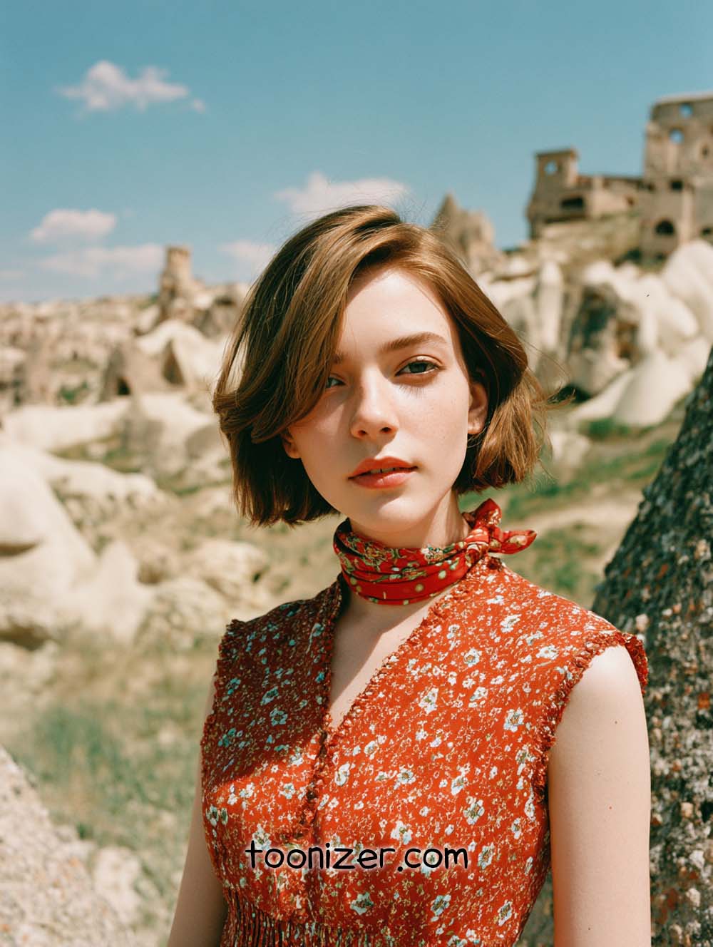 Woman in red dress, historical ruins background.