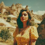 Woman in yellow dress at rocky landscape.