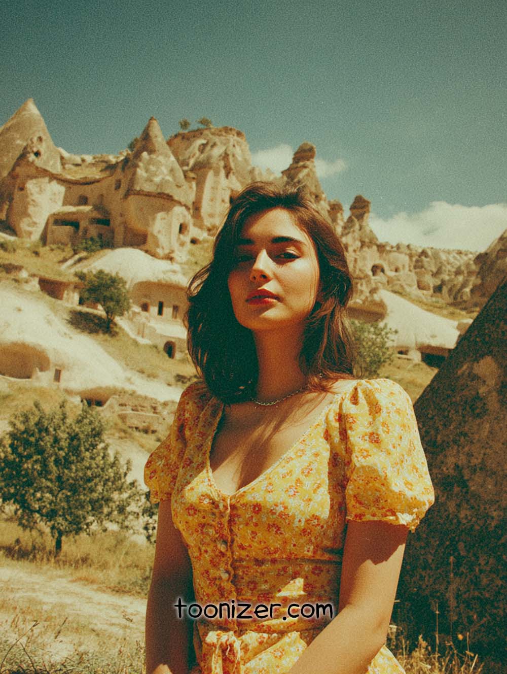 Woman in yellow dress at rocky landscape.