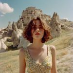 Woman in sundress near rocky ancient buildings