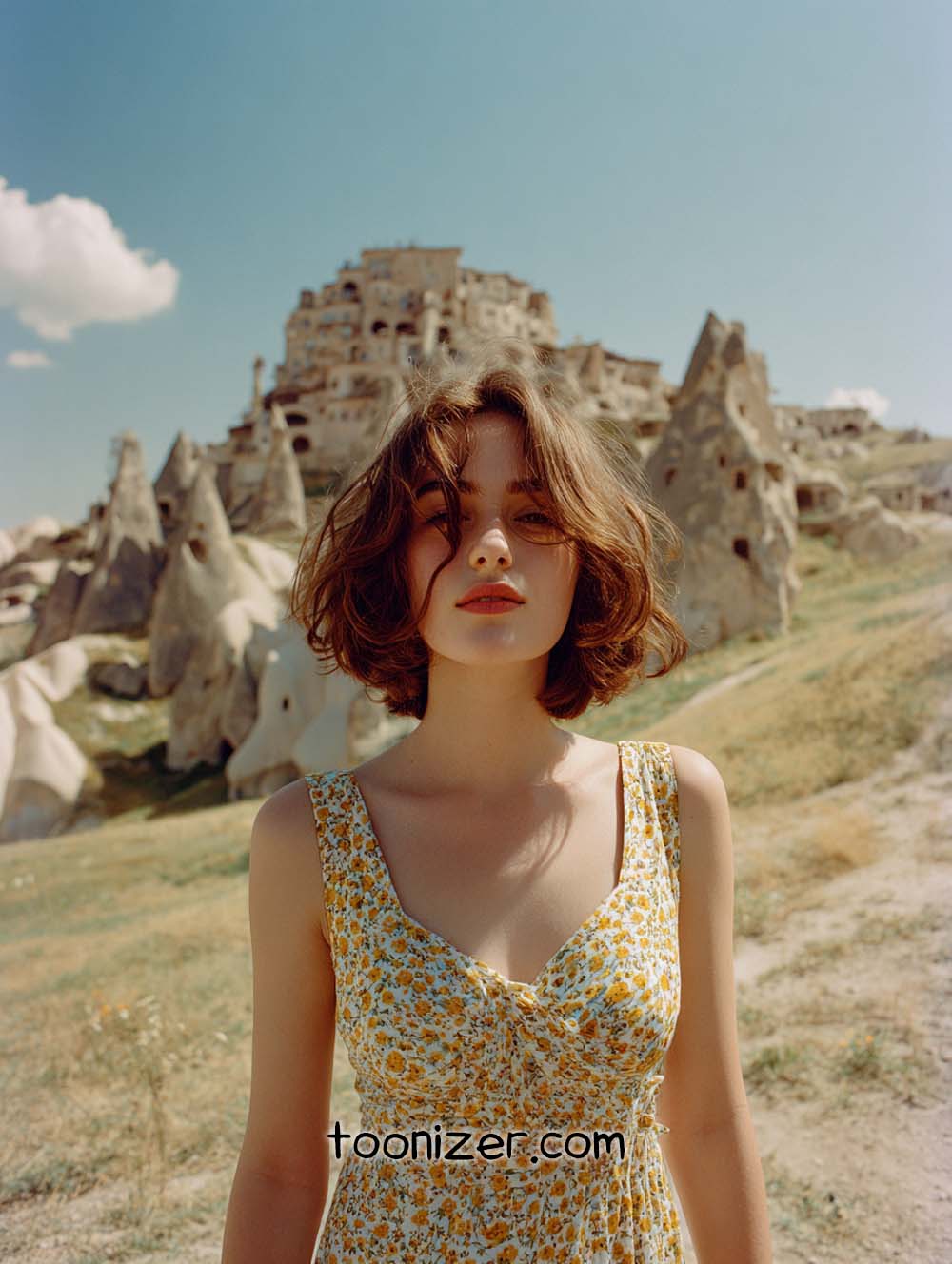 Woman in sundress near rocky ancient buildings