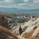 Person walking through rocky landscape under cloudy sky.