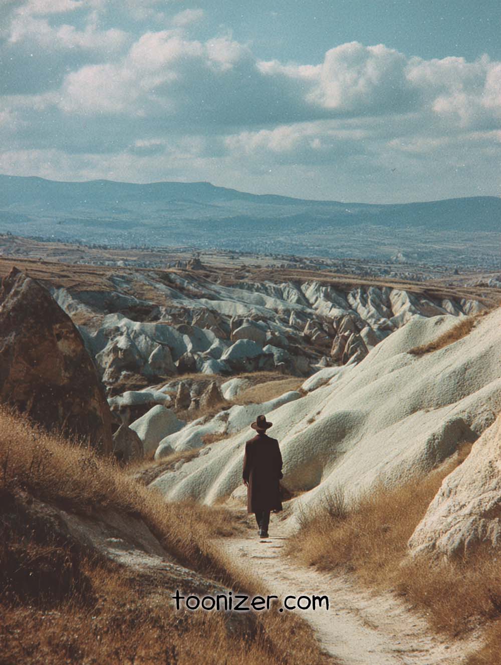 Person walking through rocky landscape under cloudy sky.