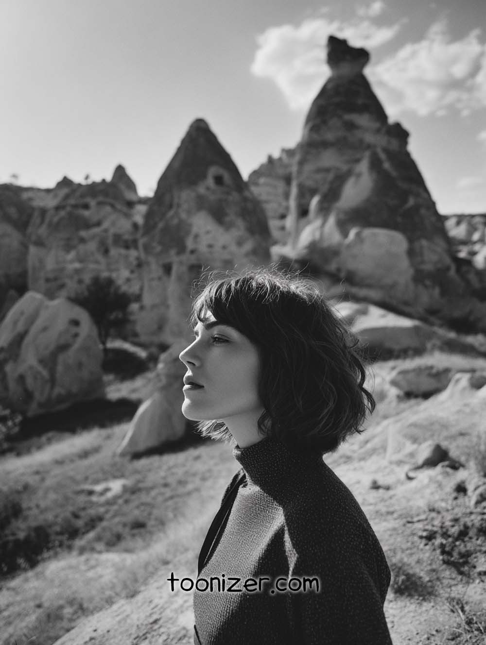 Woman in rocky landscape, black and white photo