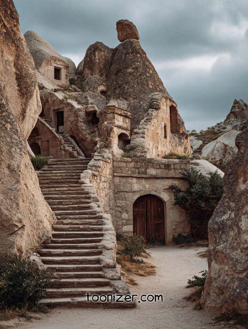 Ancient stone structure in rocky landscape.