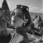 Woman in patterned dress, scenic rocky landscape.