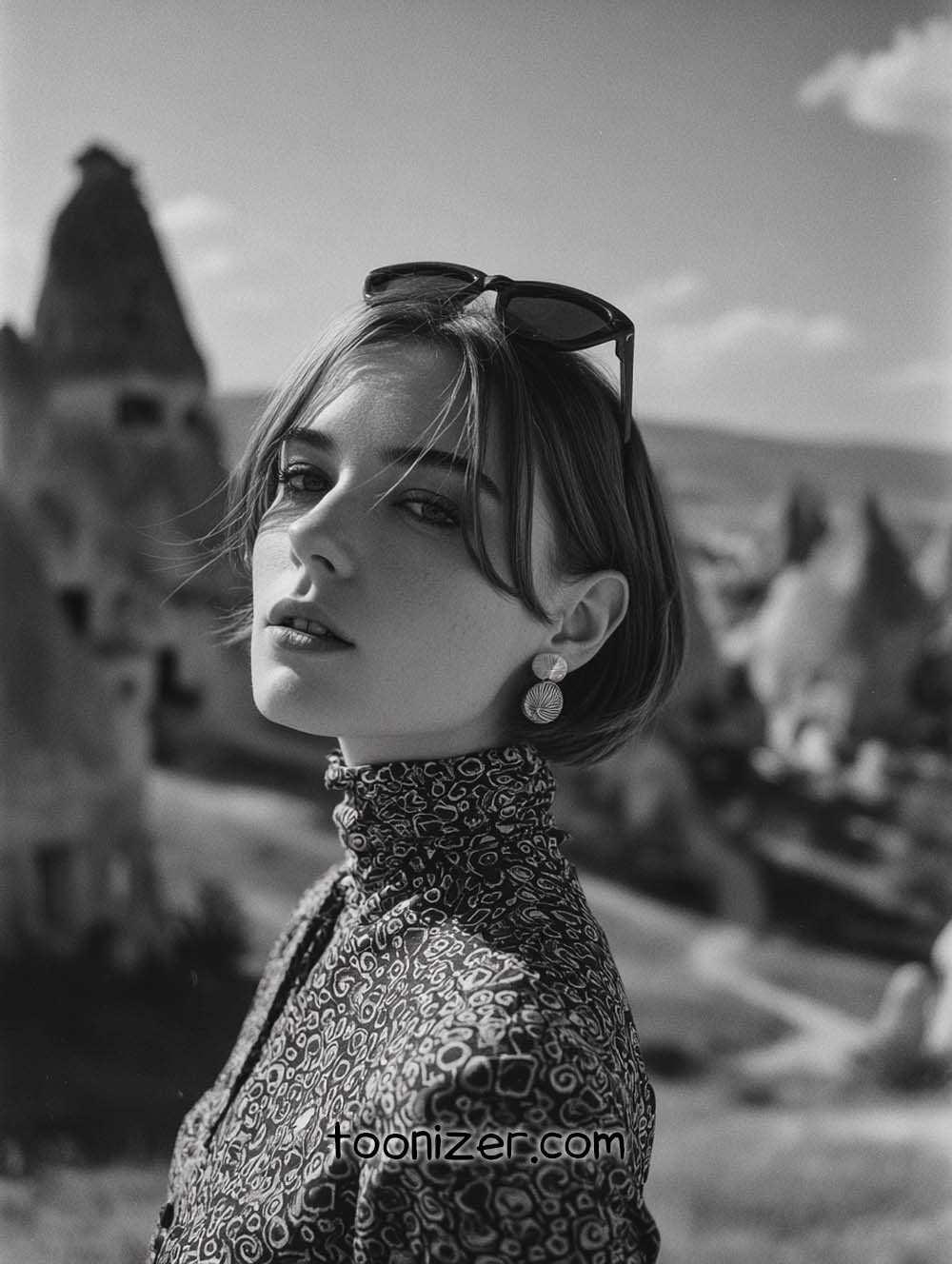 Woman in patterned dress, scenic rocky landscape.
