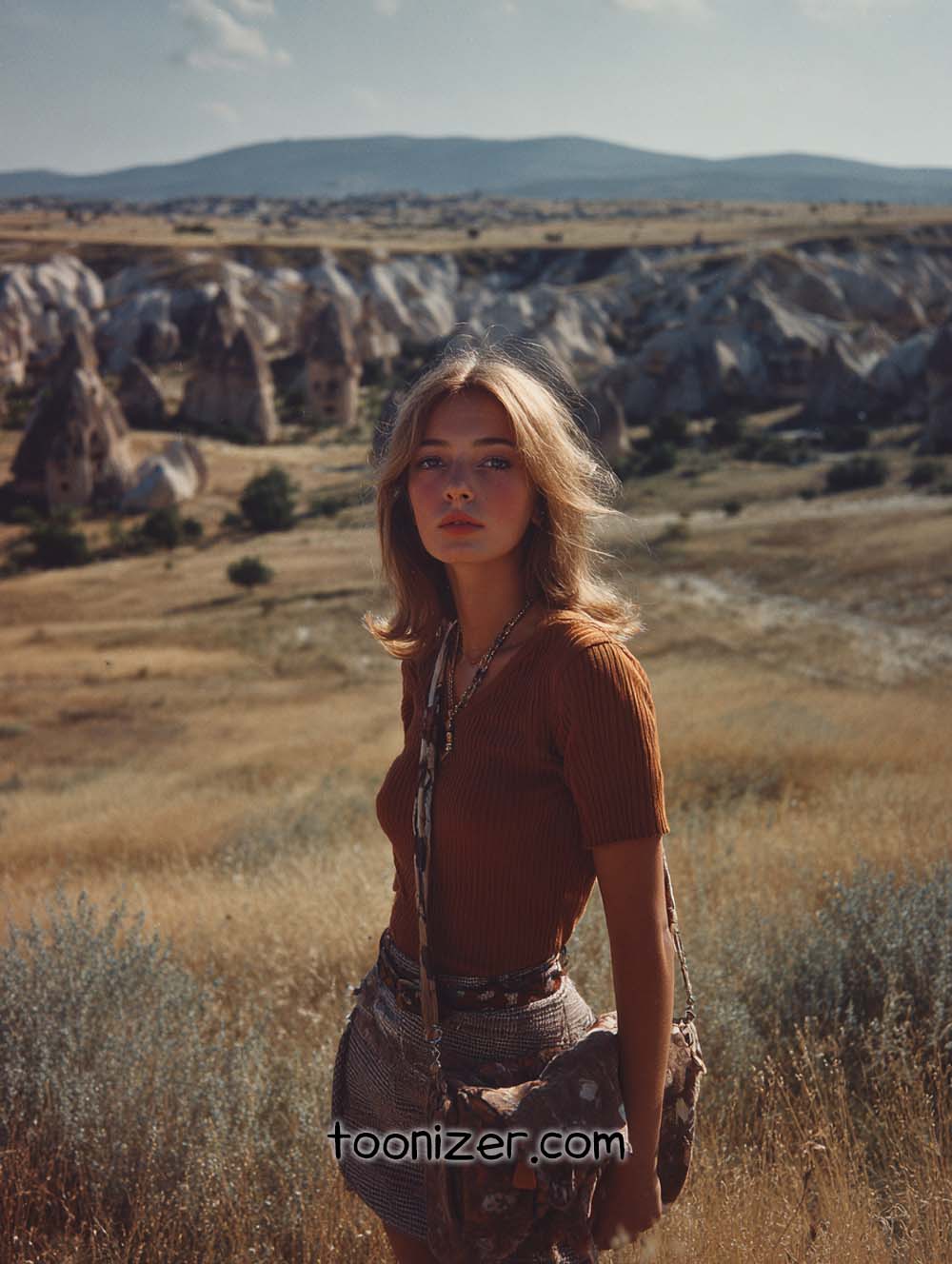 Woman in grassy landscape with rocks in background.