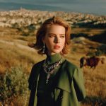 Woman in green outfit, outdoor scenery, horse in background
