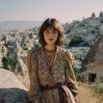 Woman in patterned dress in scenic landscape.