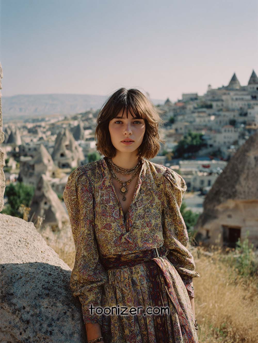 Woman in patterned dress in scenic landscape.