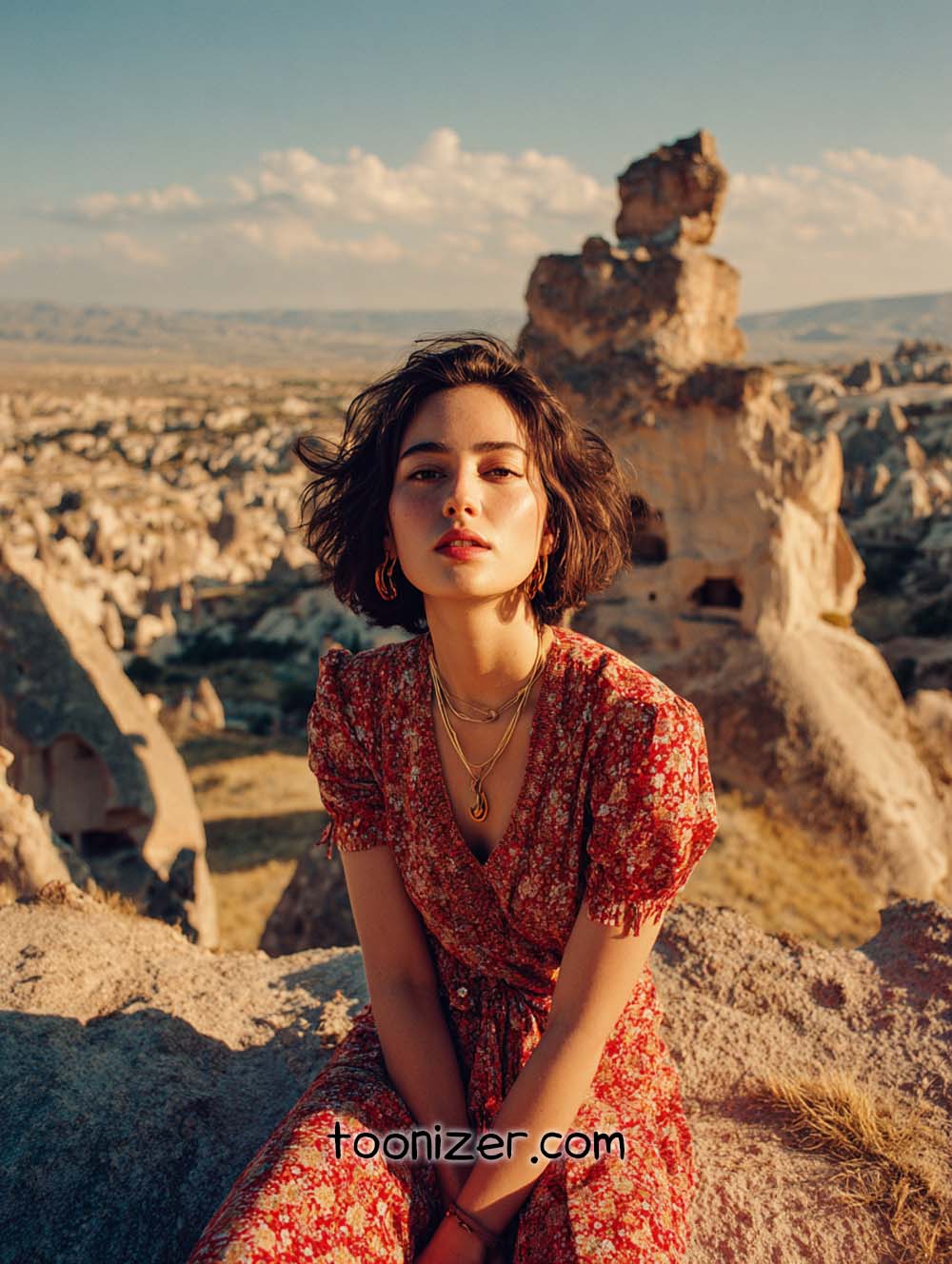 Woman in red dress sitting on rocky landscape